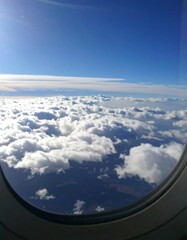Aerial view of clouds and land from an airplane window