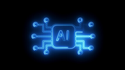 Blue Neon AI Chip Icon with Circuits on Black Background artificial intelligence processor