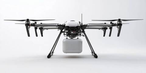 A professional drone with a payload container isolated on white background