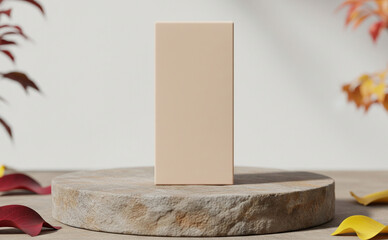 Vertical Skincare Box On Stone Podium Mockup Autumn Season Style