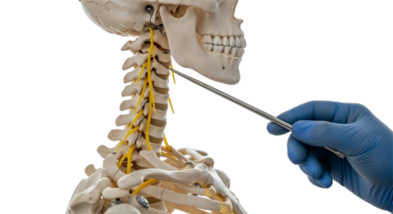 Medical gloved hand pointing to cervical spine nerves on human skeleton model on white or transparent background.