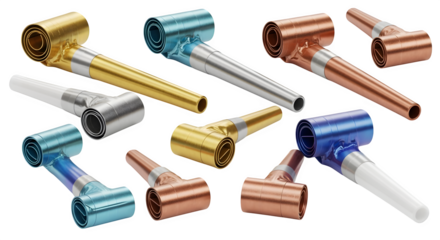 Birthday party blowers in metallic shades, isolated on white background
