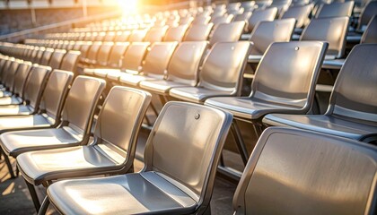 Rows of empty chairs in a stadium bathed in sunlight, creating a sense of anticipation