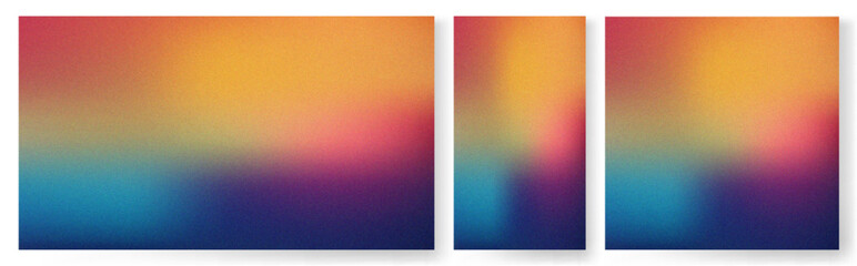 Abstract grainy gradient backgrounds set. Vibrant orange, blue, and purple color blend