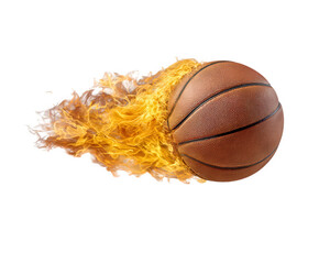 Flaming basketball hyper realistic object with intense fire trail, dynamic energy, and dramatic motion effect isolated on transparent background