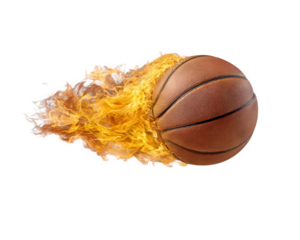 Flaming basketball hyper realistic object with intense fire trail, dynamic energy, and dramatic motion effect isolated on transparent background