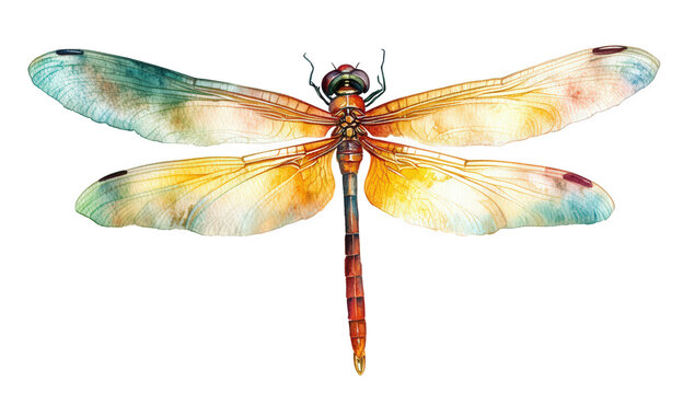 Colorful dragonfly with watercolor wings isolated on transparent background