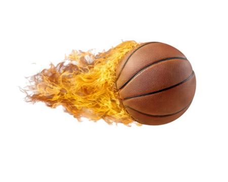 Flaming basketball hyper realistic object with intense fire trail, dynamic energy, and dramatic motion effect isolated on transparent background