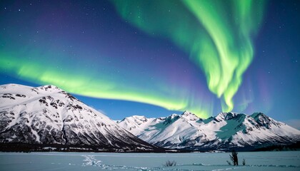 Aurora borealis over snowy mountains