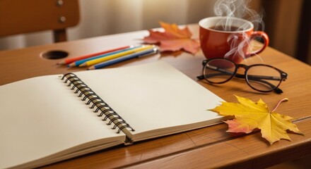 Notebook mockup blank spiral with a back-to-school autumn theme on a student's desk
