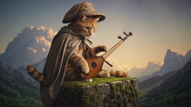 Cat plays lute on rock with moss amid mountain valley at sunset wearing straw hat and cloak with focused musician pose and bard persona detailed fur texture, warm light, dramatic cloud and peak