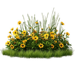 Fototapeta premium Yellow coneflowers and grass isolated on transparent background are in full bloom