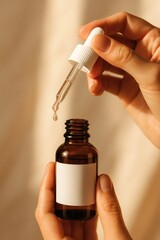 Amber Serum Dropper Bottle in Hand with Golden Lighting