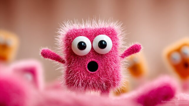 A pink stuffed animal with big eyes and a mouth open in surprise. The pink color and the cute design of the animal make it look like a friendly and approachable character