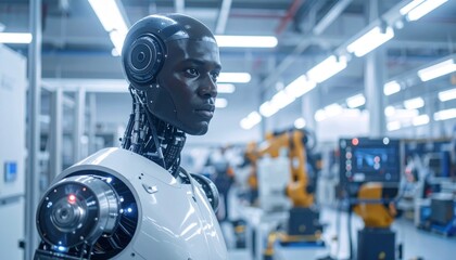 Fototapeta premium A futuristic robot stands in a modern industrial facility, showcasing advanced technology and innovation