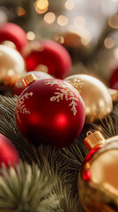 Bunch of red and gold Christmas ornaments are displayed on a tree