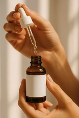 Amber Serum Bottle with Dropper and Beige Background