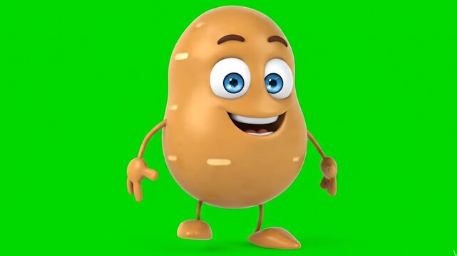 3D cartoon potato with expressive face and arms, standing on green chroma key background. Anthropomorphic vegetable character with friendly smile and animated pose