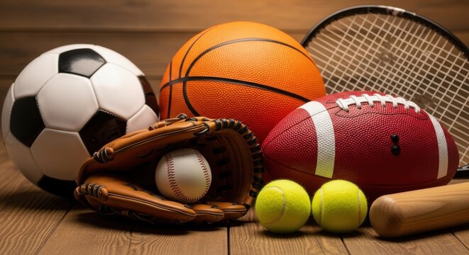 Collection of various sports balls and equipment on a wooden surface