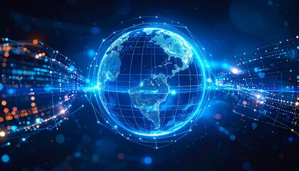 Obraz premium A digital depiction of the Earth, interconnected by a network of luminous pathways. The world glows within an abstract technology scene, capturing the concept of a modern global connection