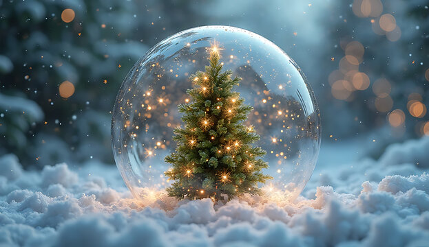A glowing Christmas tree encased in a clear glass snow globe resting in soft blue snow