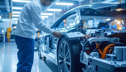 Worker inspecting electric vehicle chassis