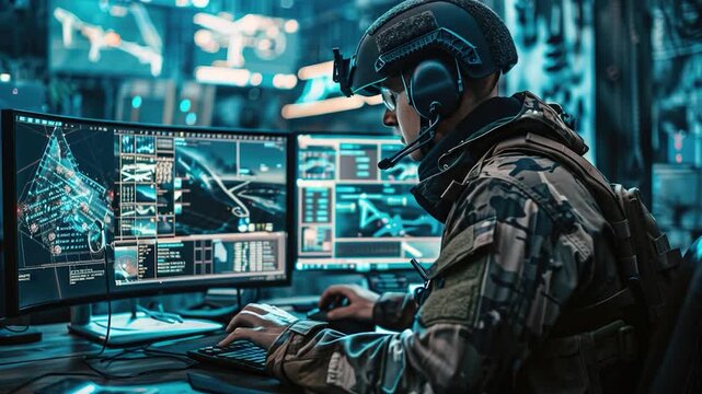 A man in military uniform sitting at a desk with a laptop, possibly working or studying