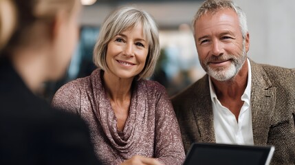 A smiling mature couple actively participates in a professional financial planning consultation discussing future investments with their trusted