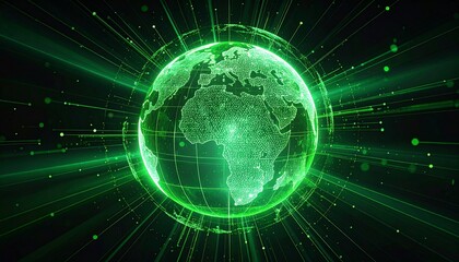 An illuminated green globe with light rays shining around. Illustrating interconnectedness and global communication