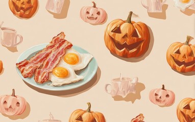 A plate of bacon and eggs is surrounded by pumpkins and a cup