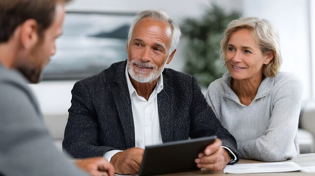 Senior couple engaged in a financial planning meeting with a professional advisor reviewing information on a tablet