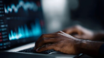 Hands typing on a laptop displaying financial market graphs and data analysis