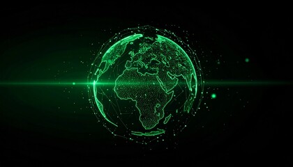 A digital glowing globe, the world in a network, shows connectivity and the global digital space. The planet is constructed from green dots and lines, against a black backdrop