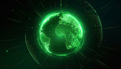 Obraz premium A vibrant, green earth hologram surrounded by a digital network. The Earth's continents are clearly visible, with bright connections signifying global connectivity