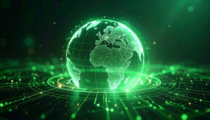 Obraz premium An artistic representation of the earth, illuminated with green light, showcasing a network of digital connections. The scene evokes a sense of technological advancement and global interconnectivity