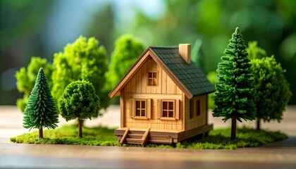 A miniature wooden house nestled among trees, symbolizing nature and home. The scene creates a sense of tranquility, comfort, and connection to nature.