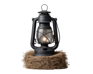 Vintage lantern with glowing light sits on haystack, rustic farm equipment evokes nostalgia and warmth, perfect for countryside or rural themed decor and cozy atmosphere