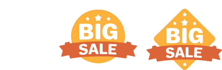 Set of four big sale badges featuring ribbons and geometric shapes for retail promotions and marketing campaigns
