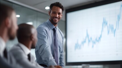 A businessman smiles while presenting a financial growth chart on a large screen in a modern office meeting with blurred colleagues visible