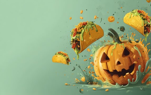 A pumpkin with a smiley face on it is surrounded by four tacos