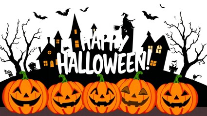 Spooky halloween scene with jack o lanterns and haunted castle