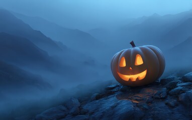 A pumpkin with a smiley face is sitting on a rocky hillside