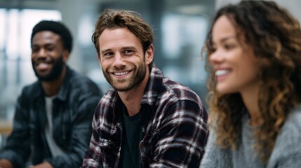 A group of diverse colleagues sharing a happy moment during a casual meeting in a bright office setting