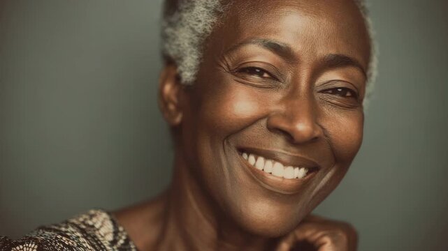 Close-up portrait of african american elderly woman with gray short hair, beauty and aging. Diversity, self-expression. Old black grandmother face closeup. Cute elder grandma, retired person smile.