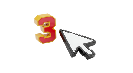 3D Rendered Image of a Pixelated Mouse Cursor Pointing at the Number 3, Symbolizing a Step in a Process or a Countdown.

