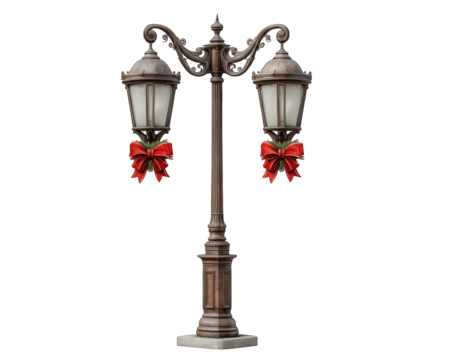 Classic street lamppost with ornate design, two lanterns, and festive red bows, isolated on transparency background, evokes holiday cheer and vintage charm