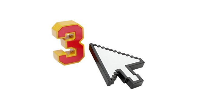 3D Rendered Image of a Pixelated Mouse Cursor Pointing at the Number 3, Symbolizing a Step in a Process or a Countdown.


