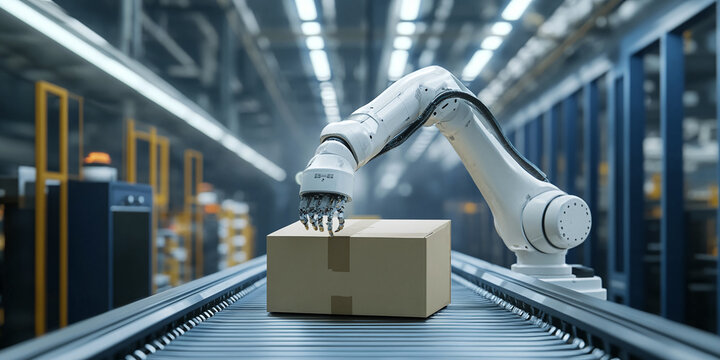 Automated robotic arm placing a cardboard box on a conveyor belt in a modern factory setting