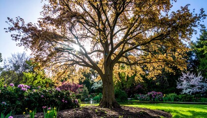 Sunlight filters through a large tree in a vibrant garden