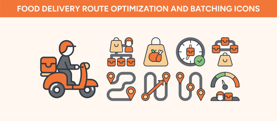 Fototapeta premium Food delivery route optimization and batching icon set for apps and dashboards, clear outline symbols of product teams and logistics managers.